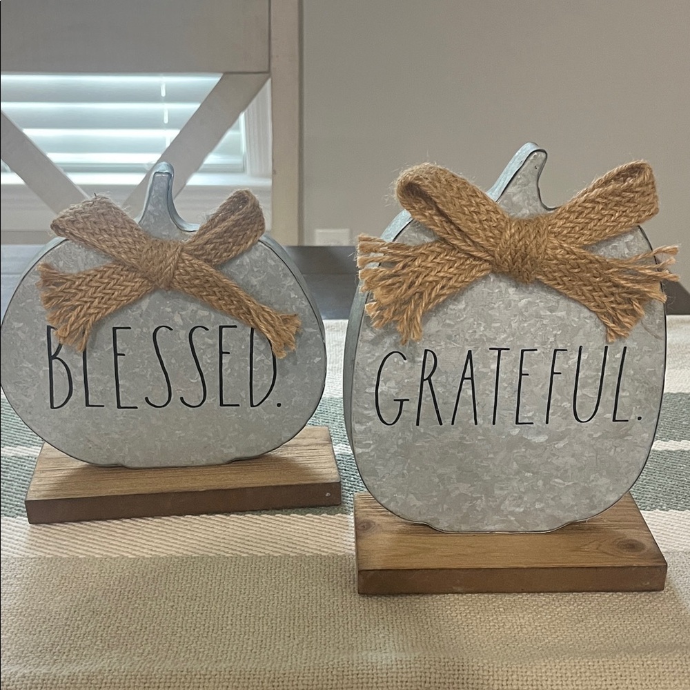Rae Dunn Silver Pumpkin Decor Set - Blessed & Grateful